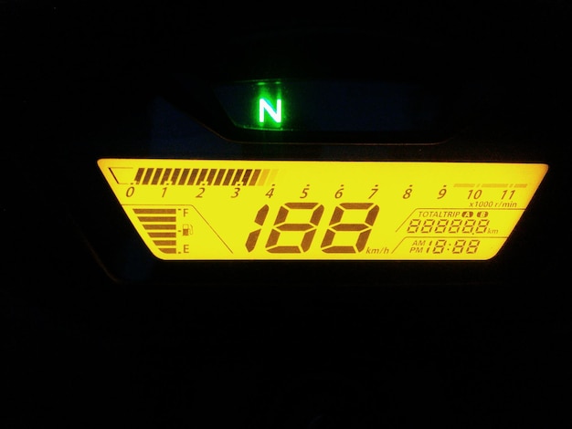 Photo close-up of speedometer against black background