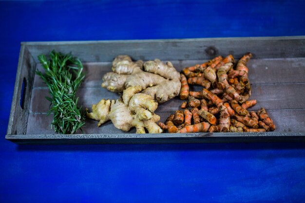 Close-up of spices and herbs on table