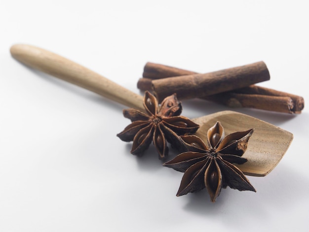 Photo close-up of spices with wooden spatula over white background