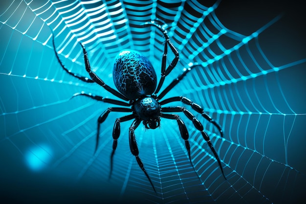 Close up of spider on its web in dark blue background Generative AI