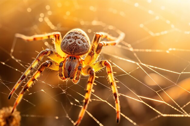 Photo close up of spider on its web in the sun