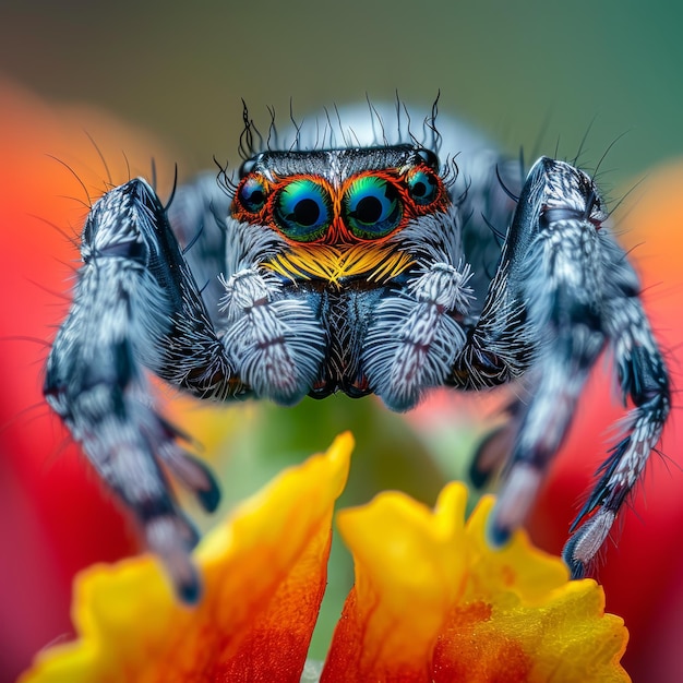Photo close up of a spider in macro photography on vibrant colorful defocused background