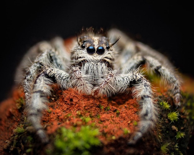 Photo close-up of spider on rock against black background