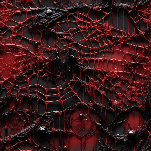 Photo a close up of a spider web covered in blood on a black surface generative ai