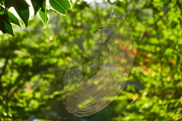 Foto prossimo piano della rete di ragno al mattino