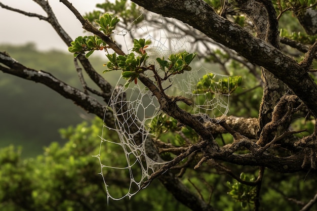 オークの木の枝の蜘蛛の網のクローズアップ