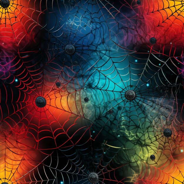 Photo a close up of a spider web with a colorful background generative ai