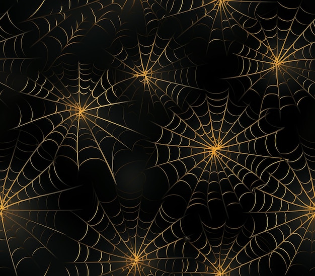 a close up of a spider web with many golden webs generative ai