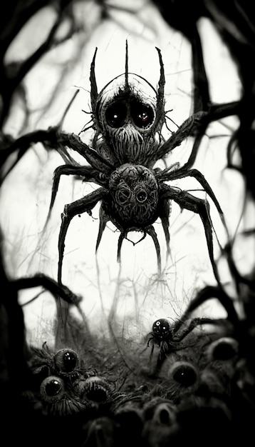 A close up of a spider with a creepy face in a forest generative ai