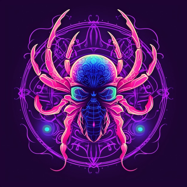 a close up of a spider with a glowing head on a purple background generative ai