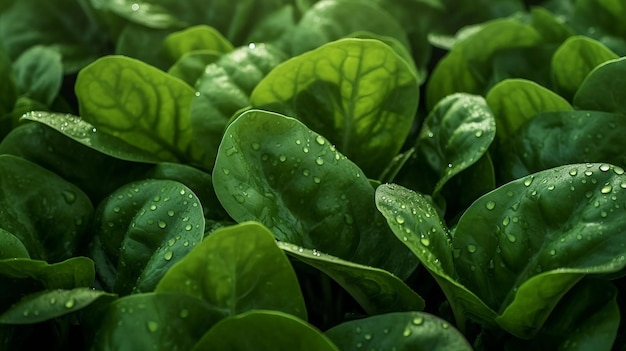 Foto un primo piano di una pianta di spinaci con foglie verdi con gocce d'acqua su di esso