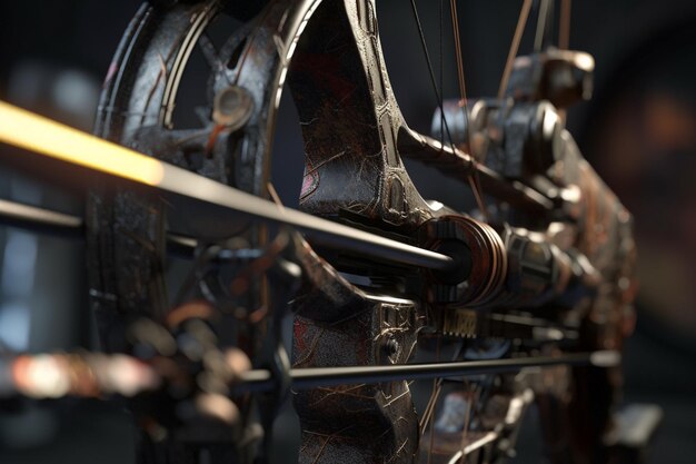 A close up of a spinning wheel with a metal handle and a black arrow on the bottom.