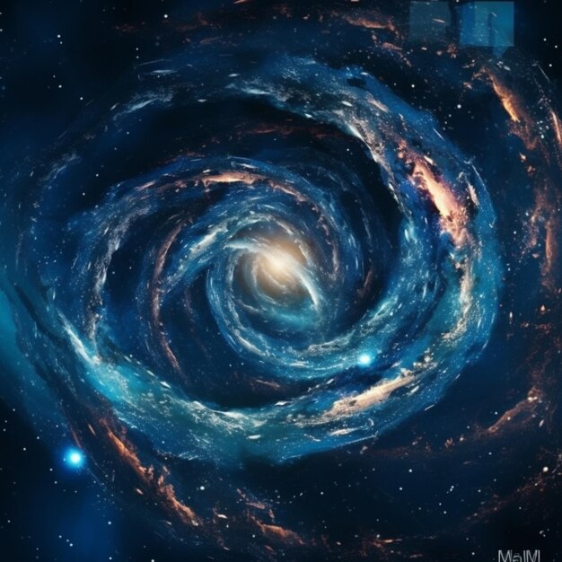 A close up of a spiral galaxy with a bright blue center generative ai