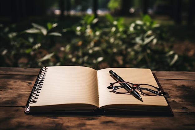 Close up of a spiral notebook and various office supplies on a cluttered desk in an office setting