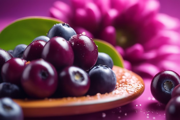 Photo close up on splashed acai fruit in colored background berry consept