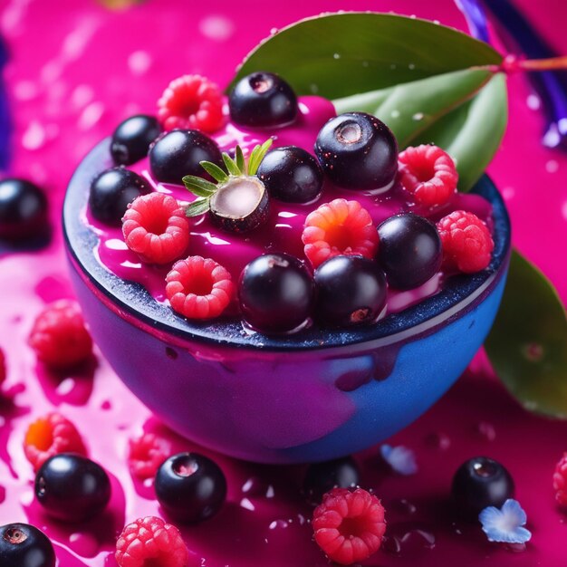 Foto primo piano sul frutto di acai schizzato in sfondo colorato concetto di bacche