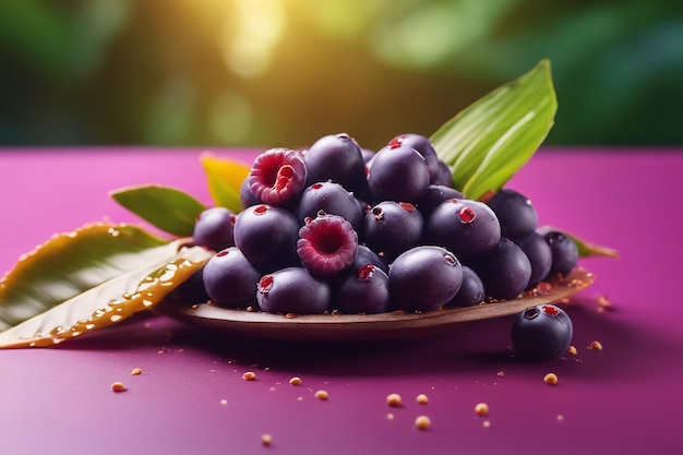 Photo close up on splashed acai fruit in colored background berry consept