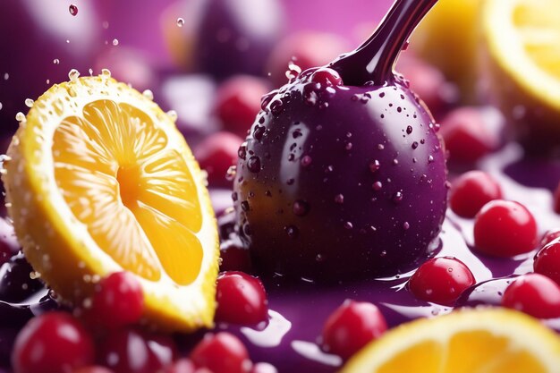 Close up on splashed acai fruit in colored background berry consept