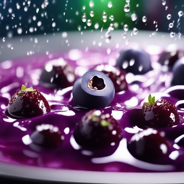 Photo close up on splashed acai fruit in colored background berry consept