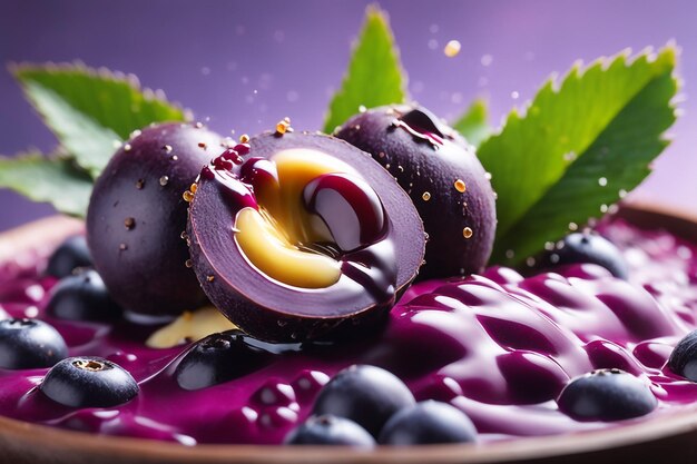 Photo close up on splashed acai fruit in colored background berry consept