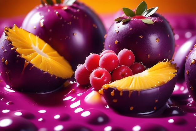 close up on splashed acai fruit in colored background berry consept