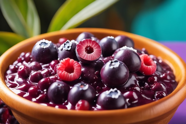 close up on splashed acai fruit in colored background berry consept