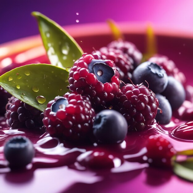 Close up on splashed acai fruit in colored background berry consept