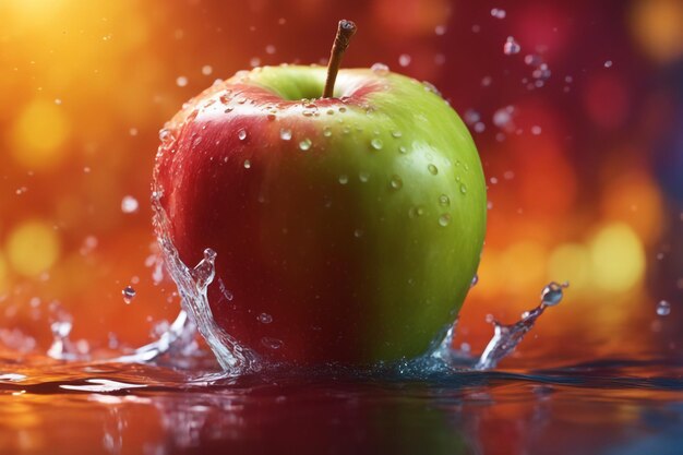 Close up on splashed apple in colored background