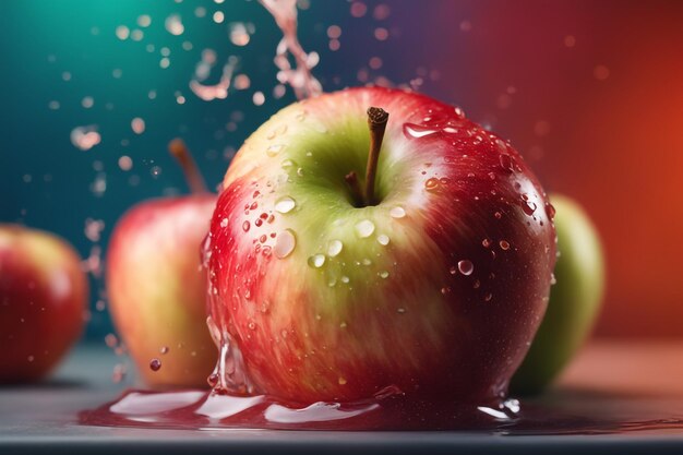 Photo close up on splashed apple in colored background