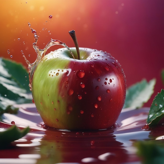 Photo close up on splashed apple in colored background