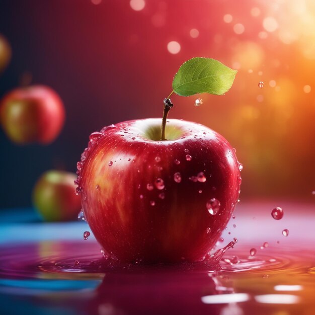 Close up on splashed apple in colored background