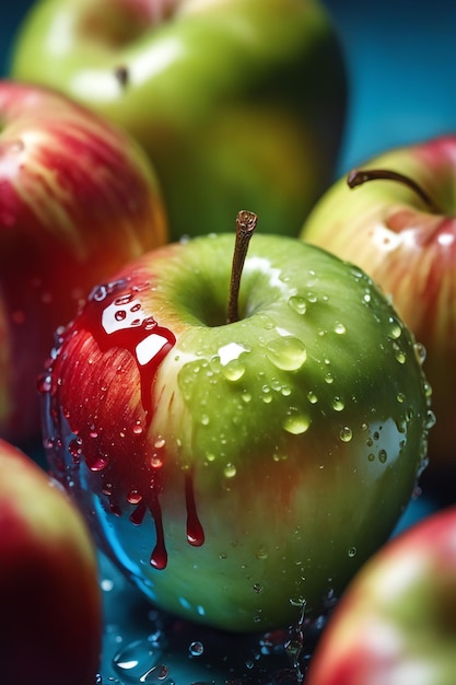 Photo close up on splashed apple in colored background