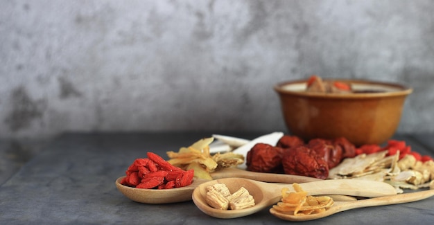 Close up spoon of goji berry and other dried herbs for make healthy soup