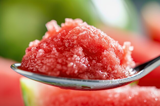 Close up of a spoon of watermelon puree