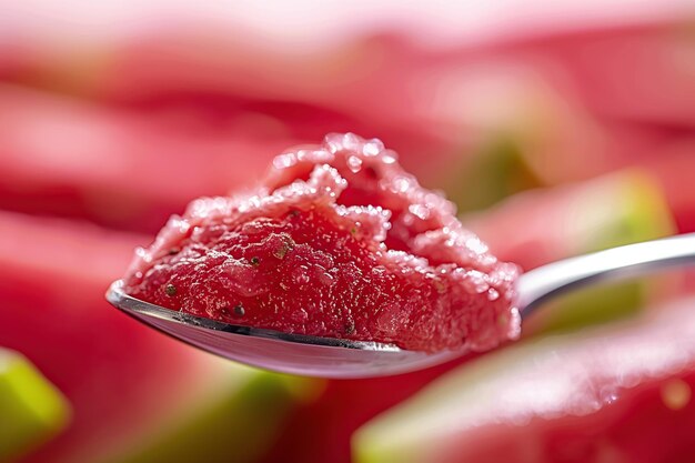 Close up of a spoonful of fresh watermelon slushie