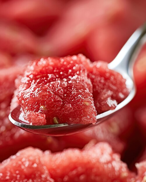 Close up of a spoonful of fresh watermelon slushie