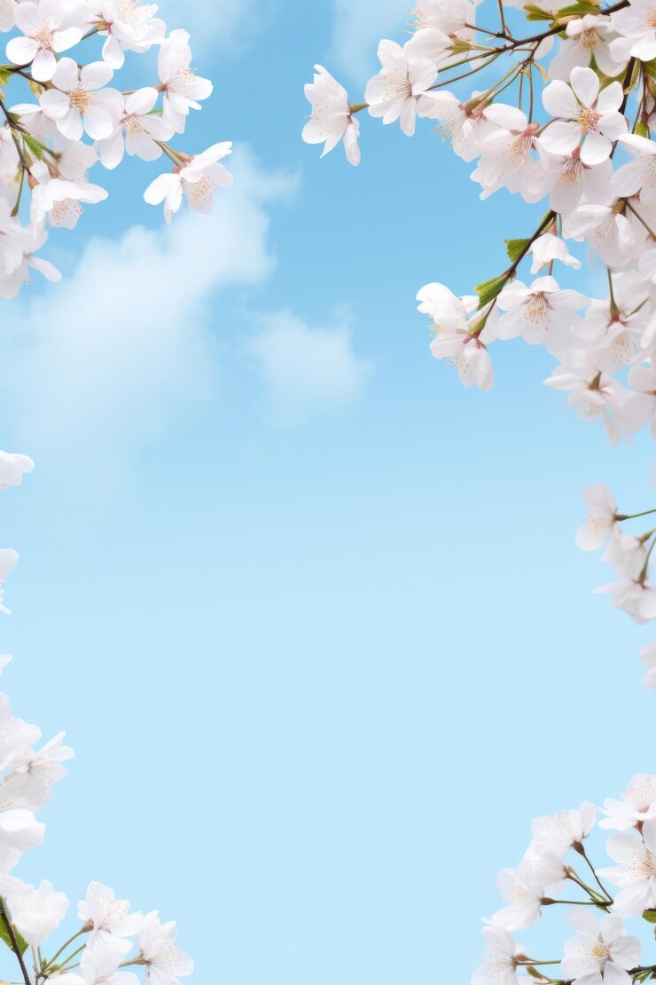 Photo close up of spring banner with branches of blossoming cherry background with blue sky