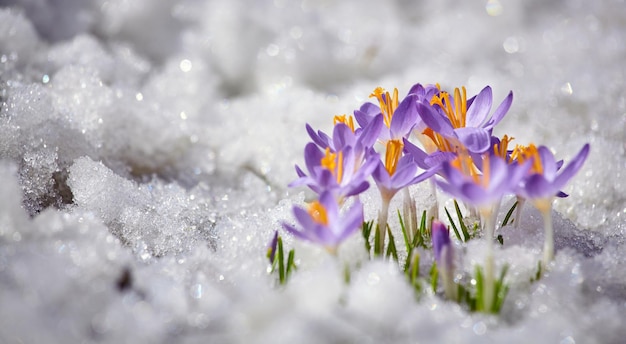 Close up spring crocus flower in the melting snow in the sun sunshine