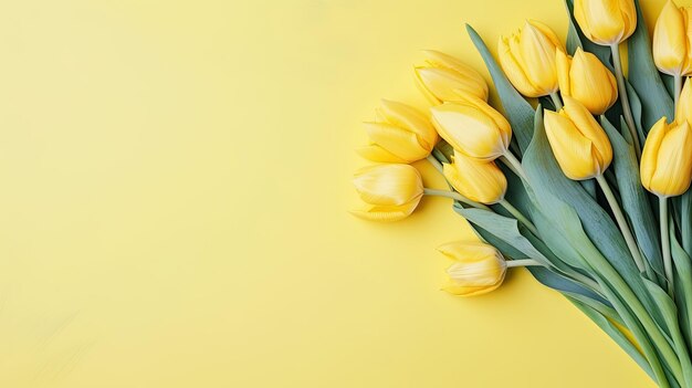 Close up of spring flowers yellow tulips isolated on yellow background