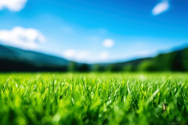 Close up spring grass field with sunlight bokeh background generative ai illustration