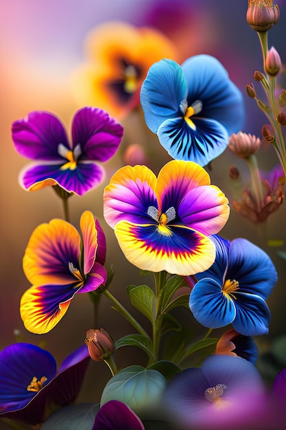 Close up of spring pansy flowers in a field