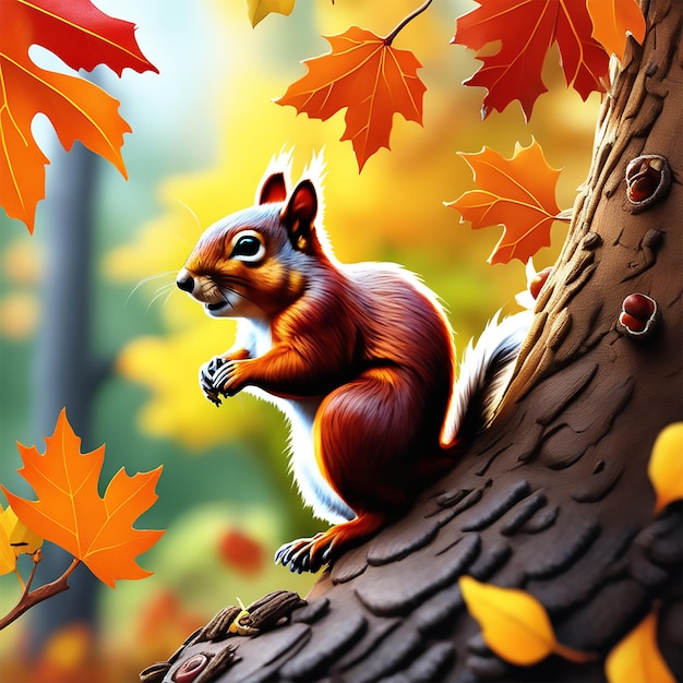 a close up of a squirrel gathering acorns against the backdrop of colorful autumn foliage capture