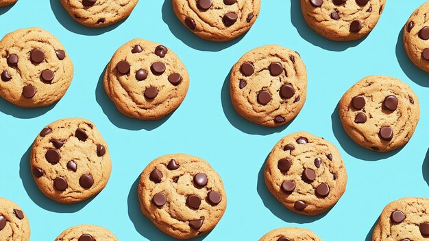 Photo a close up of a stack of chocolate chip cookies with chocolate chips on a blue background