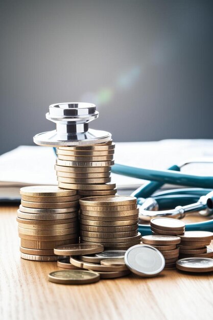 Photo close up stack of coin wooden text block and stethoscope on table saving and manage money for