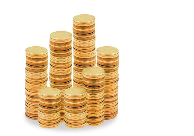 Photo close-up of stack of coins against white background