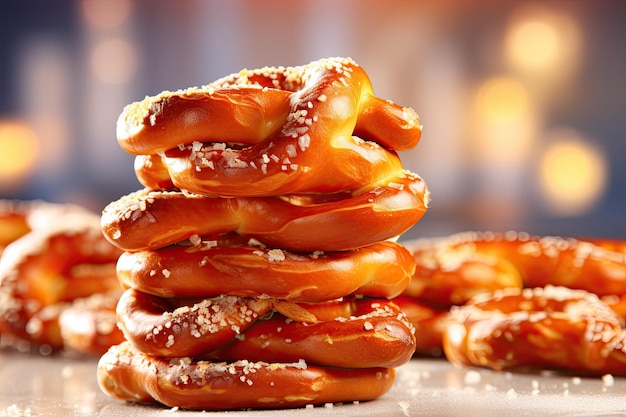 Close up of a stack of delectable pretzels on a well lit backdrop