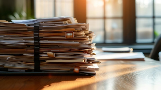 Close up of stack of documents on office desk