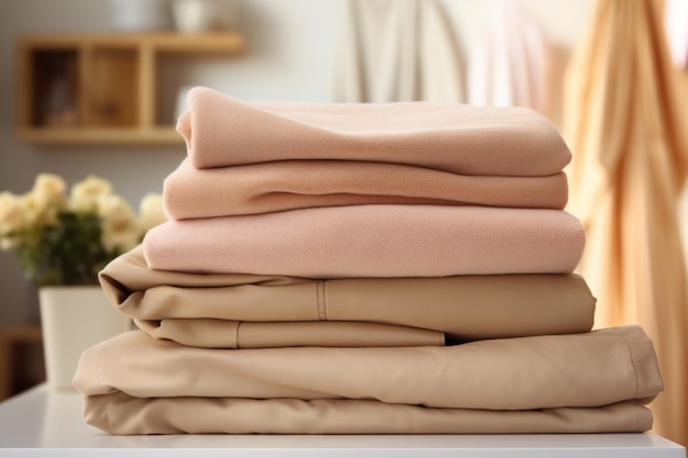 A close up of a stack of folded folded clothes on a table generative ai