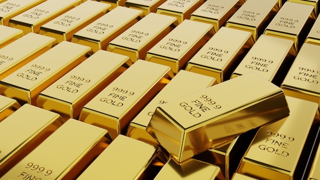 Close-up stack of gold bullion bars concept of financial wealth and reserve. 3d rendering.