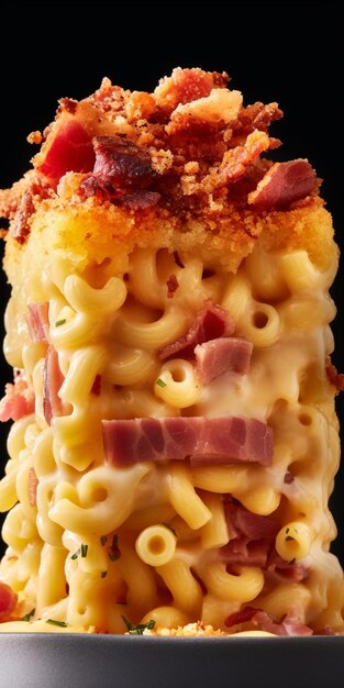 a close up of a stack of macaroni and cheese with bacon generative ai